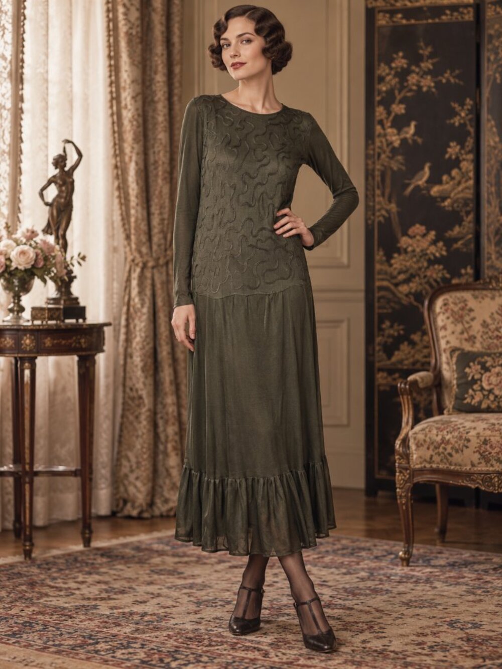 ☘️ Antique 1920s Sage Green Rayon Knit Soutache Dress ☘️